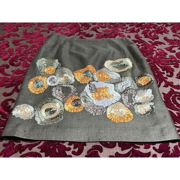 Per Se Olive Green Silk Floral Stitched Silk Skirt Size 4 - Picture 1 of 4